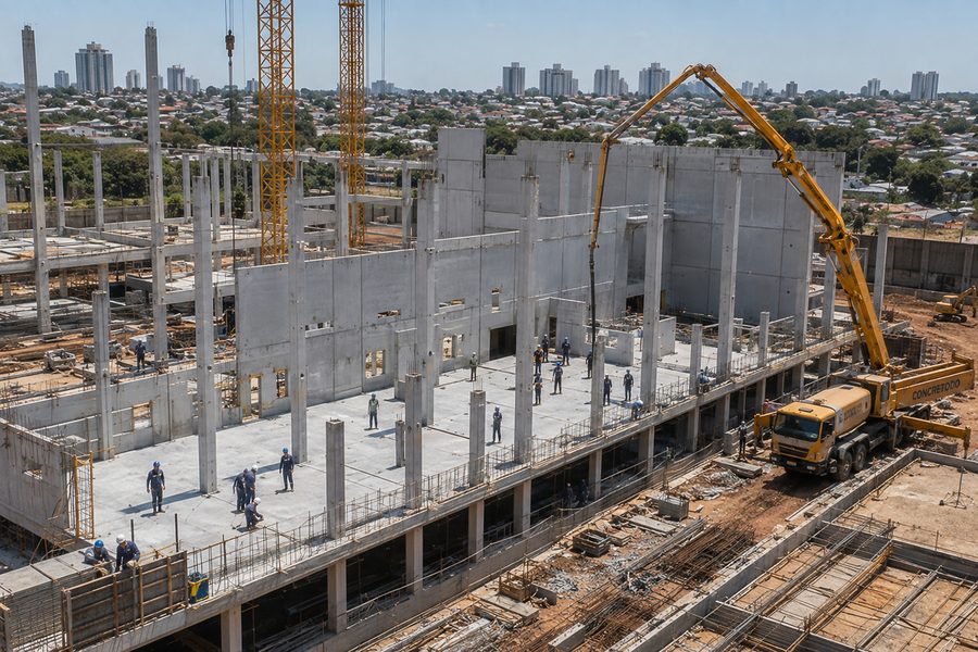 Obra de edificação pública com concretagem de painéis estruturais